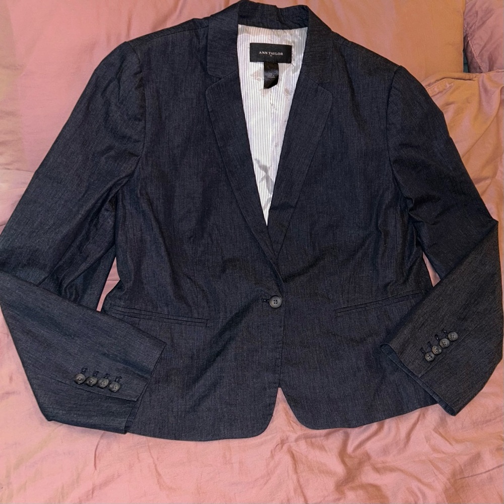 Ann Taylor Chambray Navy Black Short-Style Lined Blazer Jacket Top 16 Gorgeous!